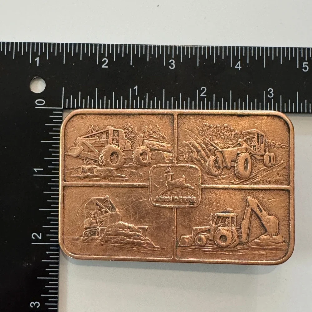 John Deere Belt Buckle‎ Vintage Copper Heavy Duty Farm Equipment Scenes